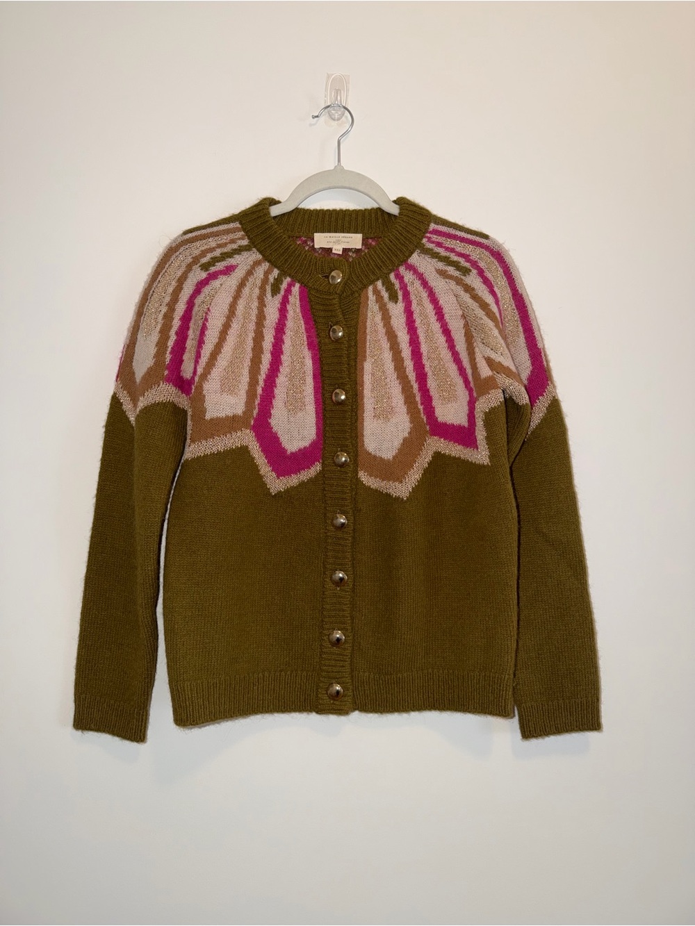 Sézane Hamel Khaki Knit Cardigan alpaca jacquard knit cardigan 0 green pink - Picture 3 of 10